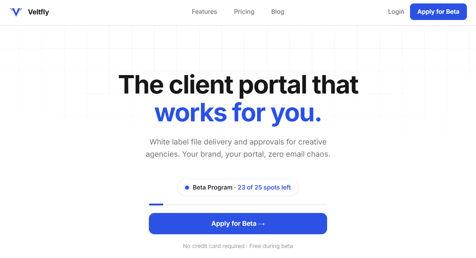 Veltfly beta counter showing 23 of 25 spots left